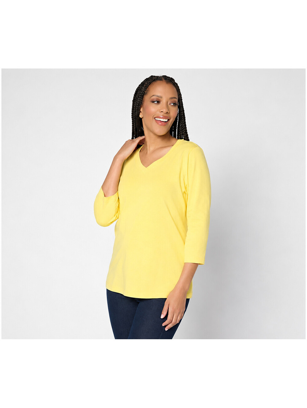 Denim & Co. Essentials Cotton 3/4 Sleeve Top w/ Trim Detail Canary Yellow, Large